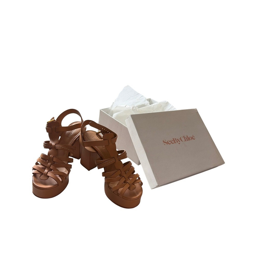 See By Chloe Giuly Tan Leather Platform Caged Block Heel Sandals Size 40  new‎